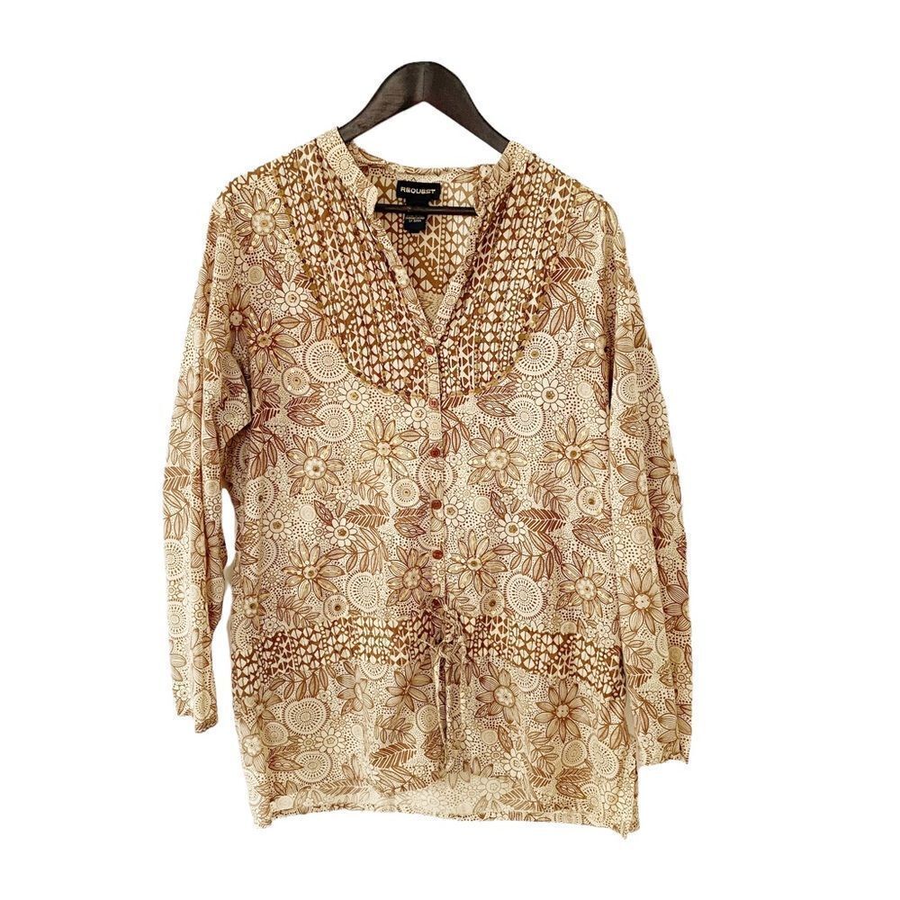 Request Gold Beige Tans Gold Sequin Floral Print Button Down Tunic Blouse‎